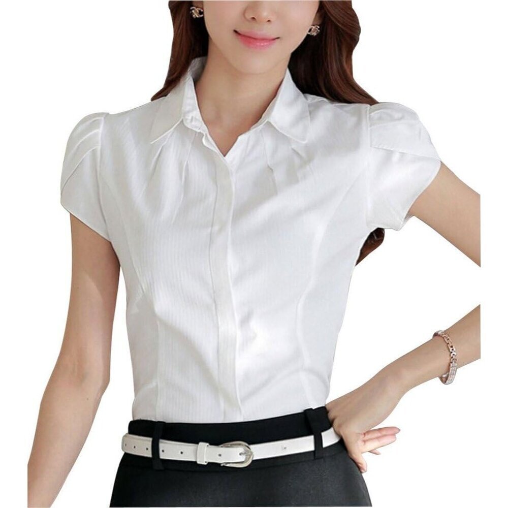 Women's Cotton Collared Button White Blouse Tulip Sleeve Business Casual Shirt